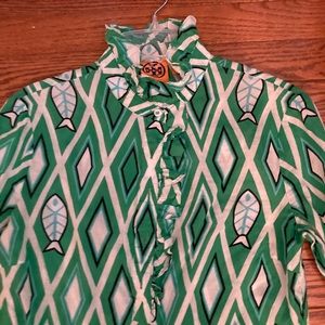 Tory Burch size 4 tunic top green fish with ruffle